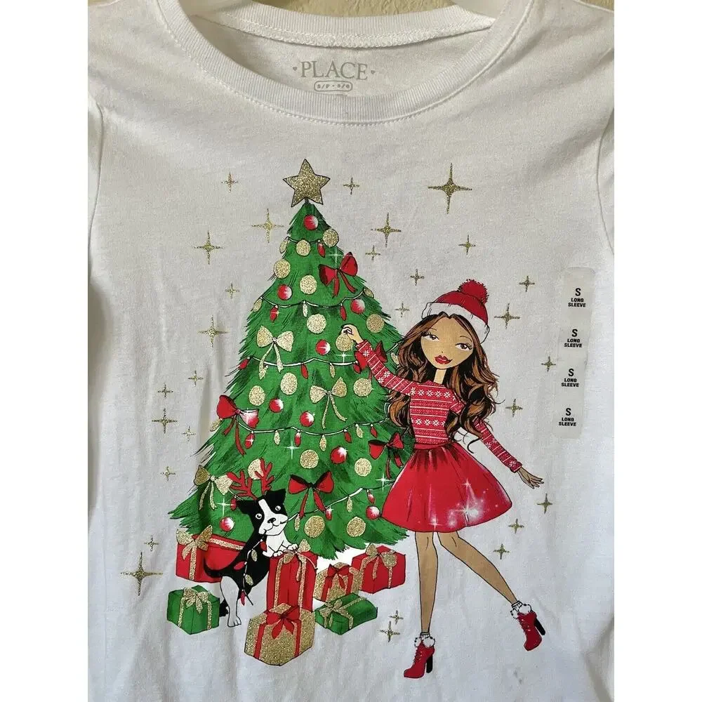 Lot Of 2 White Glitter Holiday Snowflakes Frenchie Long Sleeve Top Size S 5/6